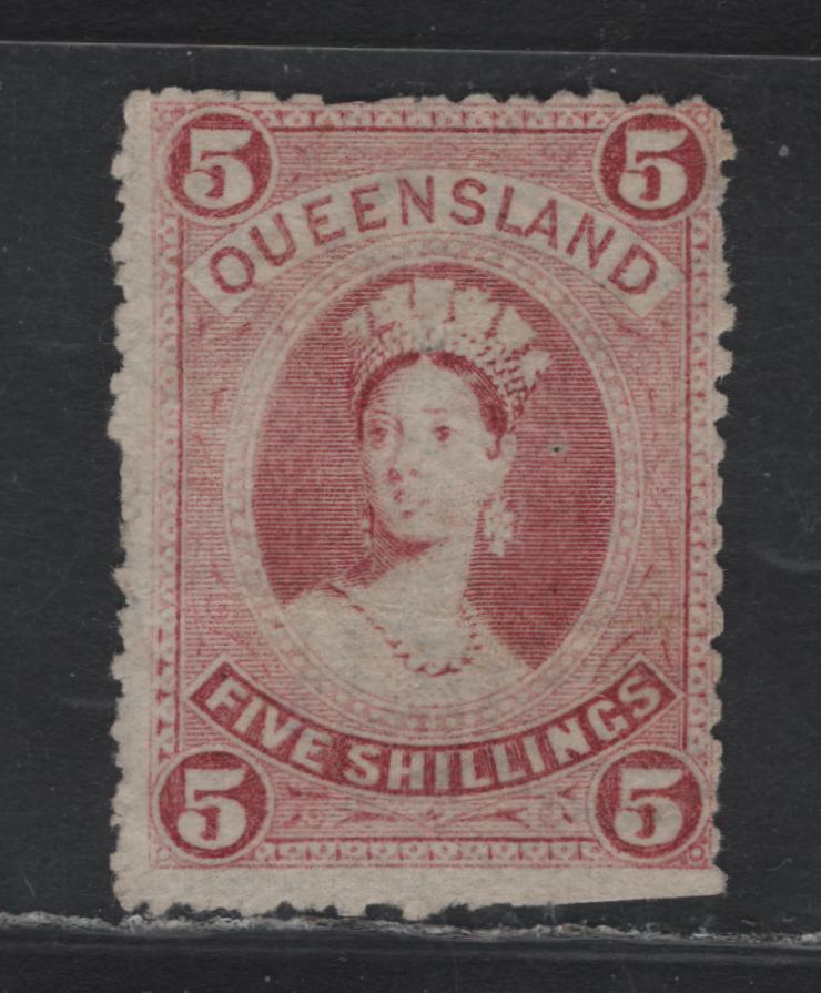 Lot 393 Australia - Queensland SG#154 5/- Rose , 1879-1881 First Sideface Issue, A Fair Unused Single, 2 Pointed Crown Over Q Wmk, Thin Paper, Presentable Unused Example, Clipped Perfs At LR & Pinhole.