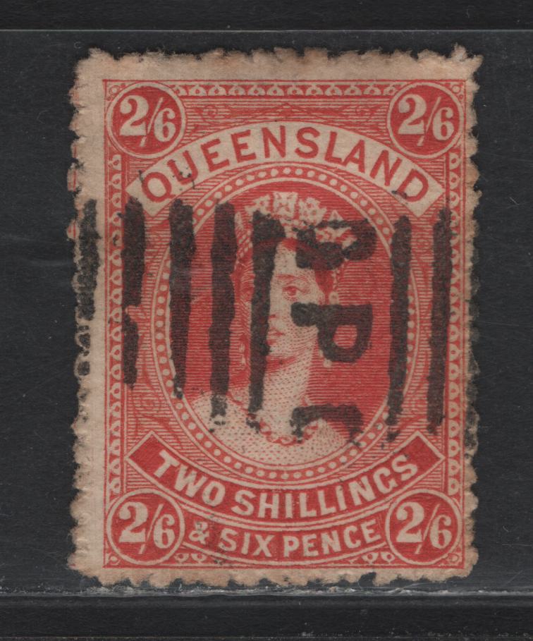 Lot 394 Australia - Queensland SG#158 2/6d Vermillion , 1879-1881 First Sideface Issue, A Fine Used Single, Thick Paper, Large Crown Over Q Wmk, GPO Cancel Within 5 Horizontal Bars.