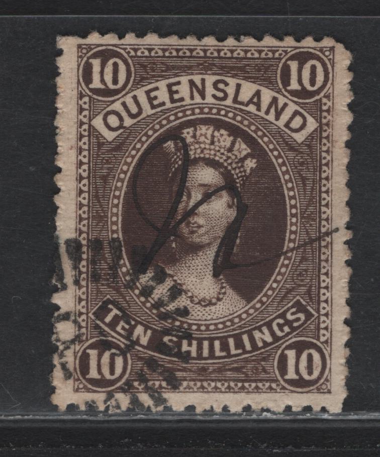 Lot 395 Australia - Queensland SG#160 10/- Dark Brown , 1879-1881 First Sideface Issue, A Very Fine Used Single, Thick Paper, Large Crown Over Q Wmk, Dual Pen Cancel On top Of A GPO Sunburst Cancel.