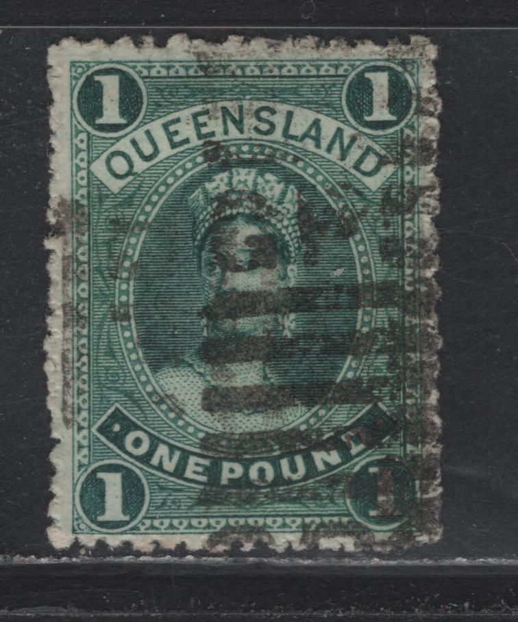 Lot 396 Australia - Queensland SG#161 £1 Deep Blue Green , 1879-1881 First Sideface Issue, A Very Fine Used Single, Thick Paper, GPO Killer Within 5 Horizontal Bars Cancel