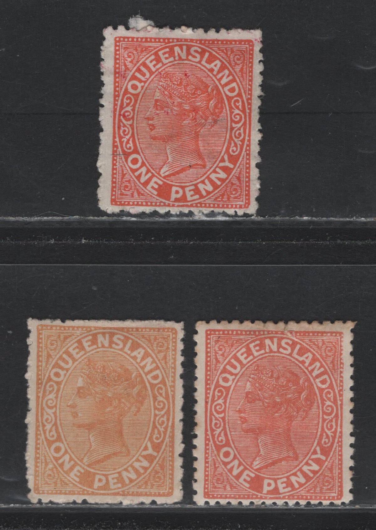 Lot 397 Australia - Queensland SG#187, 206, 206c 1d Orange - Vermillion Red , 1890-1895 Second Sideface Issue, 3 VFOG Singles, One 1d With Burele Band & No Watermark, Other With Crown Over Q Wmk, Perf 12.5-13.