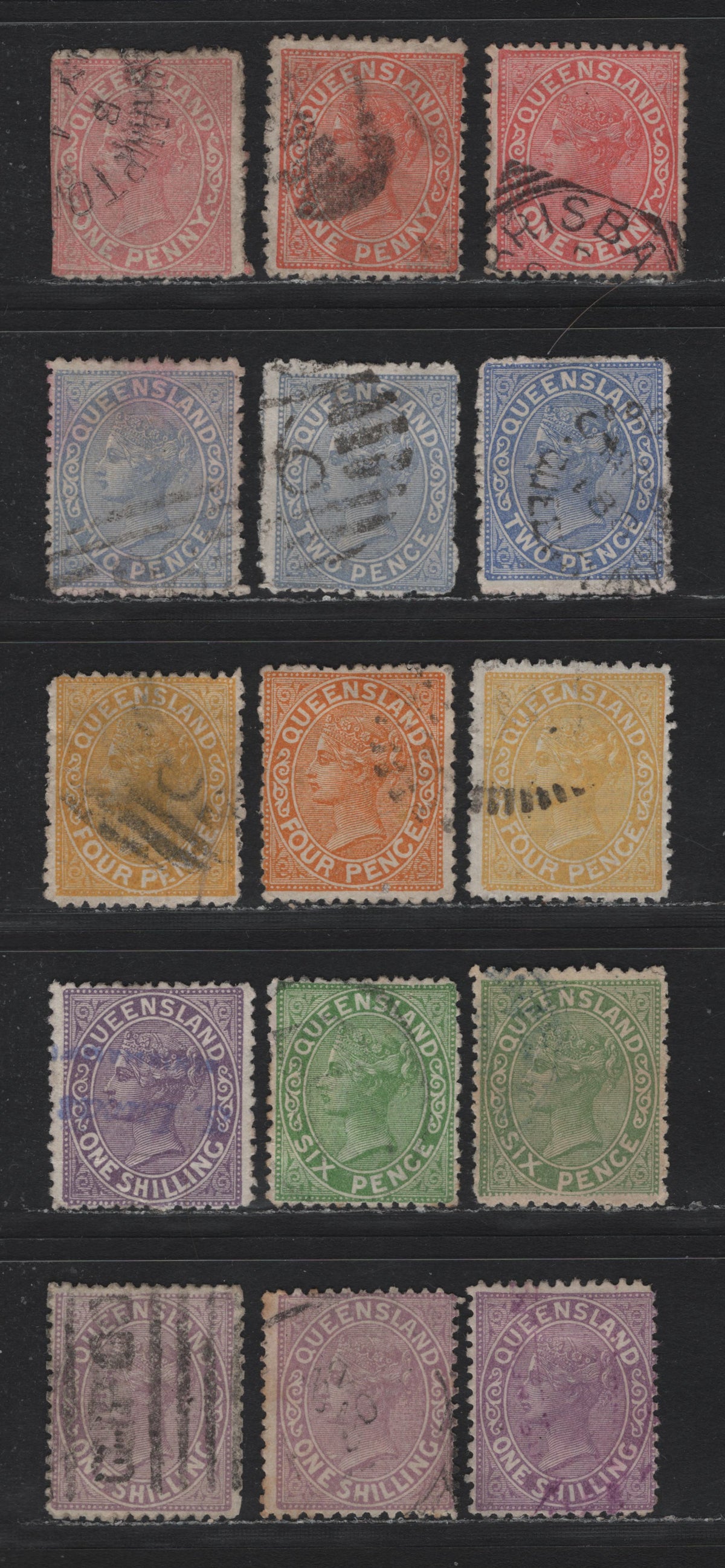 Lot 398 Australia - Queensland SG#166-173 1d - 1/- Pale Vermillion Red - Deep Mauve , 1890-1895 2nd Sideface Issue,  Fine/Very Fine Used Singles, 3 Pointed Crown Over Q Wmk, Perf 12, Unlisted Shades of All Values, Scarce GPO Within 5 Horiz. Bars on 1/-.