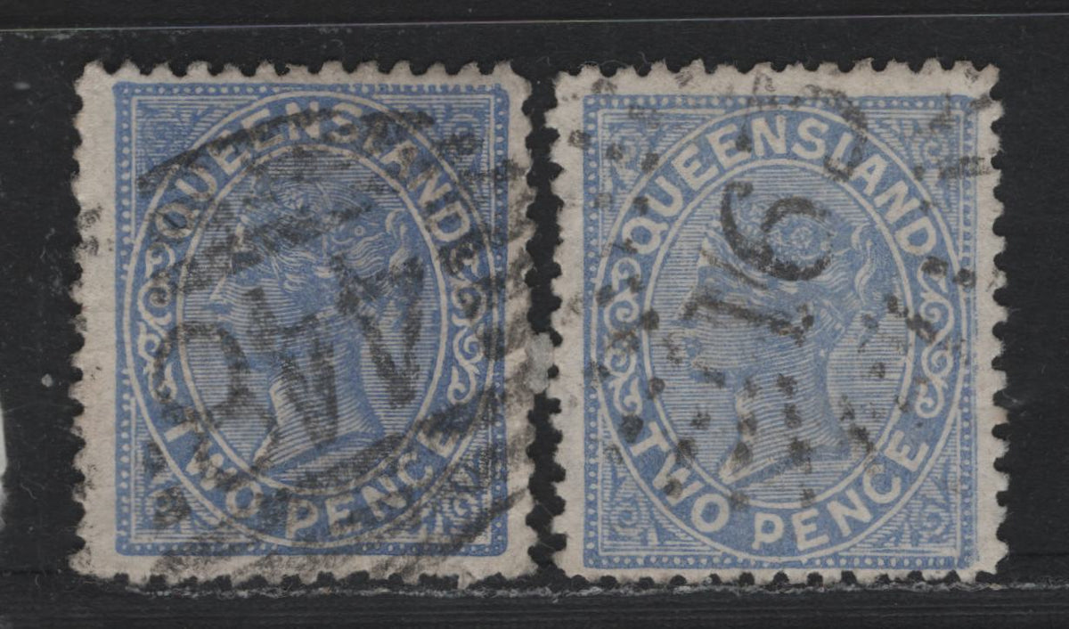 Lot 401 Australia - Queensland SG#180 2d Blue , 1887-1889 Re-Engraved Second Sideface Issue, 2 Fine/Very Fine Used Single, Perf 12, 163 Stanthorpe & 448 Durundur Numeral Cancels