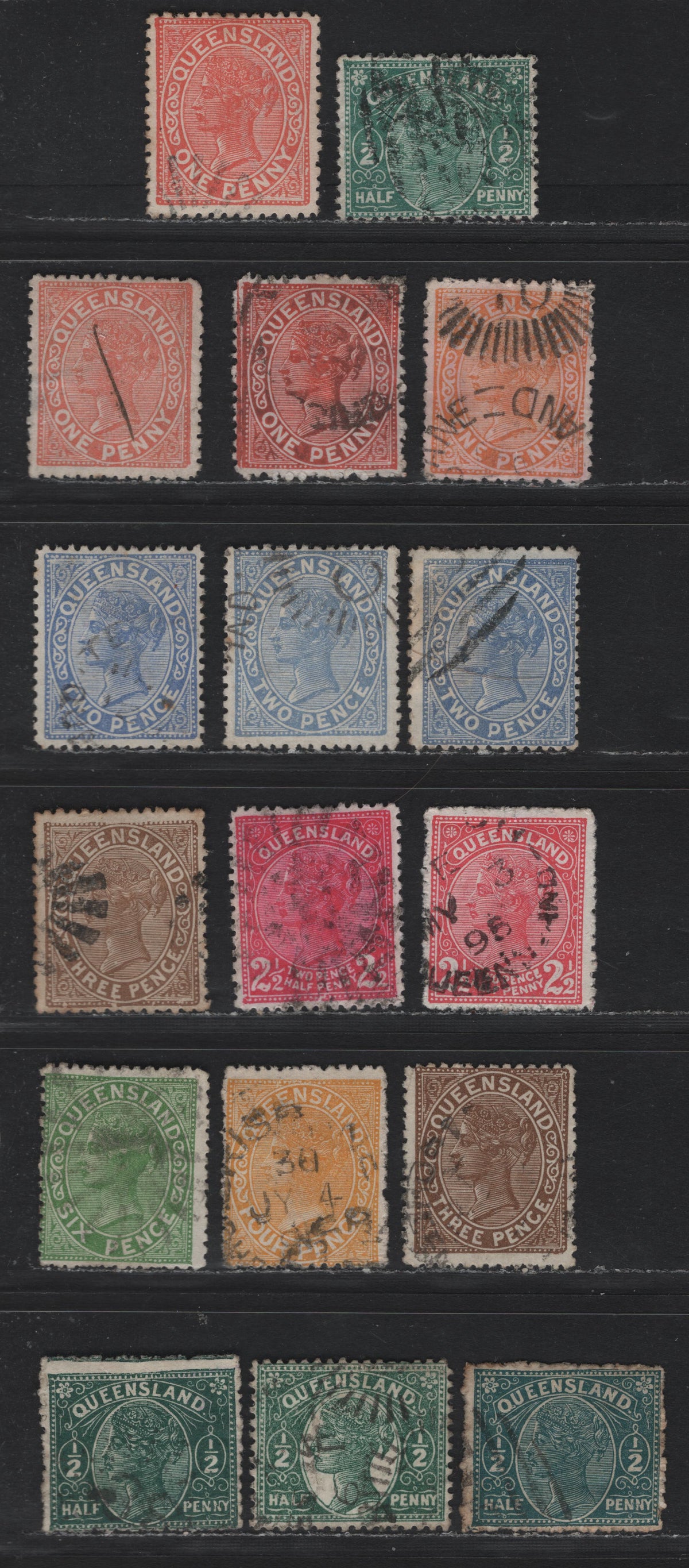 Lot 403 Australia - Queensland SG#184-188, 190-193, 196, 209 1/2d - 6d Green , 1887-1896 Re-Engraved Second & Third Sideface Issues,  Fine/Very Fine Used Singles, Additional Shades, New & Old Plates Of 2d Are Included