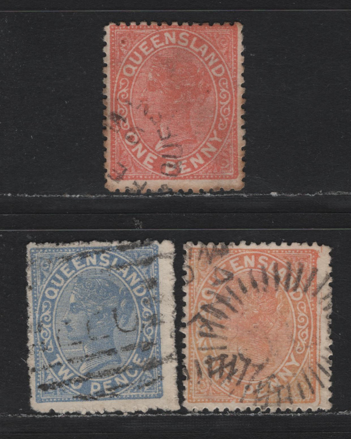 Lot 405 Australia - Queensland SG#202-204 1d - 2d Vermillion - Blue , 1895 2nd Sideface Issue, 3 Fine Used Singles, Thick Paper, Crown & Large A Wmk