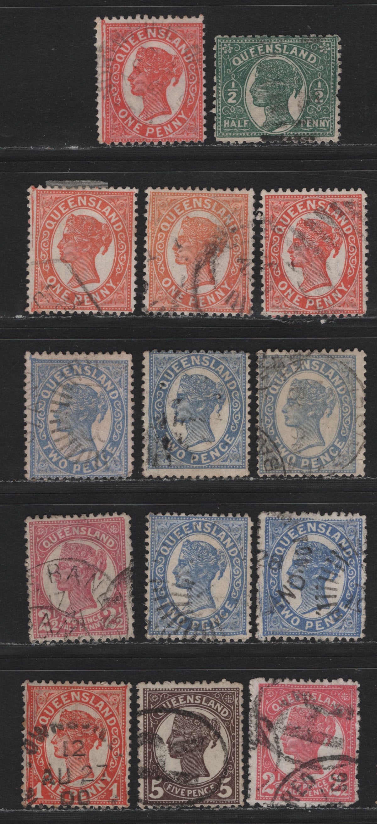 Lot 406 Australia - Queensland SG#209-215, 229 1/2d - 5d Deep Green - Purple brown , 1895 2nd Sideface Issue, 8 Fine/Very Fine used Singles, Perf 12.5-13, Small Crown over Q Wmk, Includes Most All Listed Shades & A Few Extras.