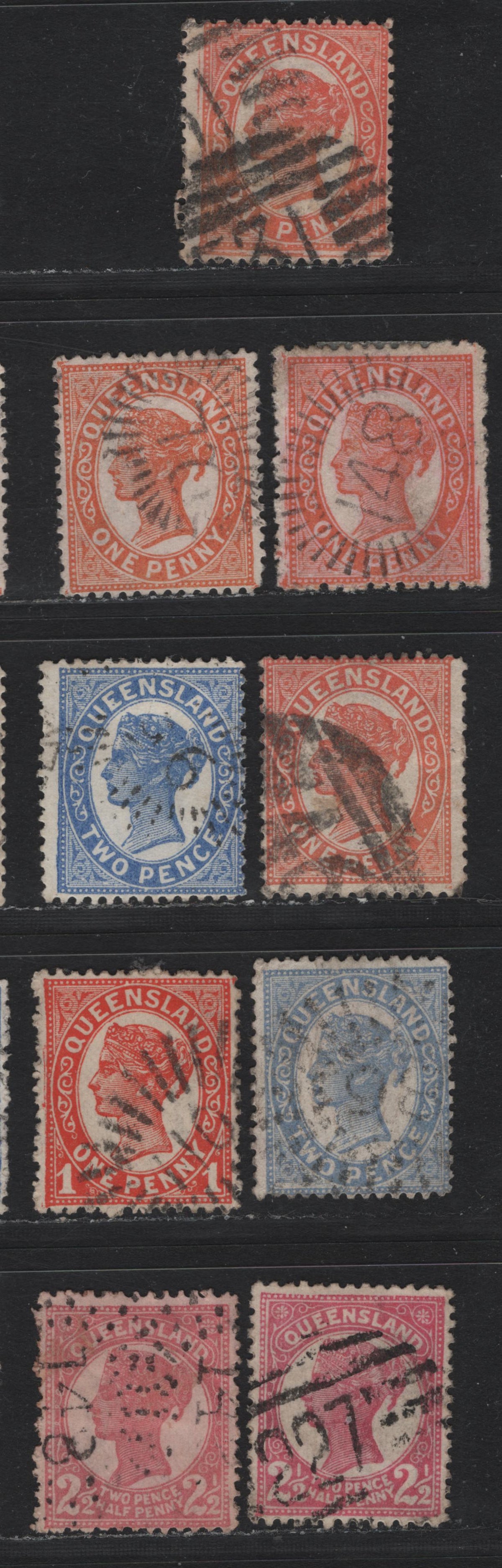 Lot 407 Australia - Queensland SG#210, 212, 214, 224 1d - 2.5d Orange Red - Vermillion , 1895-1896 3rd Sideface Issue, 4 Fine/Very Fine Used Singles, Figures In Lower Corners, Many Numeral Cancels, Includes # 96, QL, 86, 148, 46, 531, 110 & 227.
