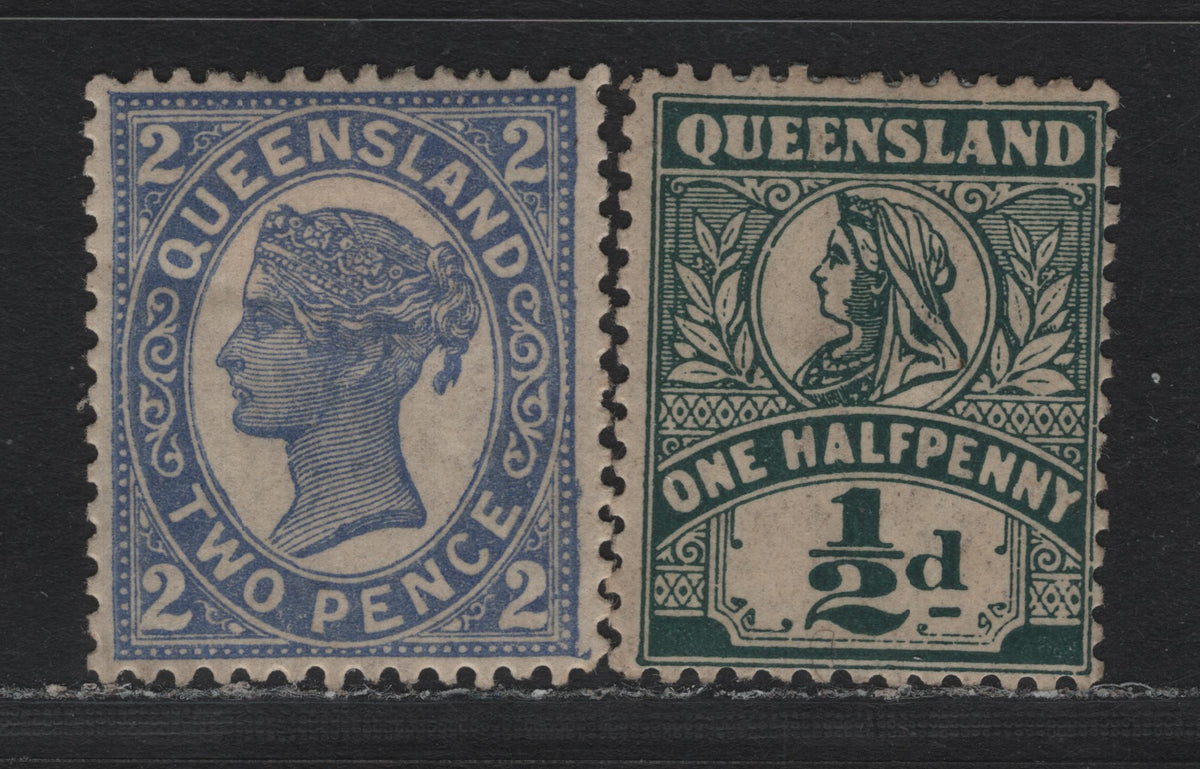 Lot 409 Australia - Queensland SG#234, 262 2d - 1/2d Blue - Deep Green , 1897-1908 4th Sideface Issue, 2 F/VFOG Singles, Comb Perf 12.5-13, Crown Over Q Wmk