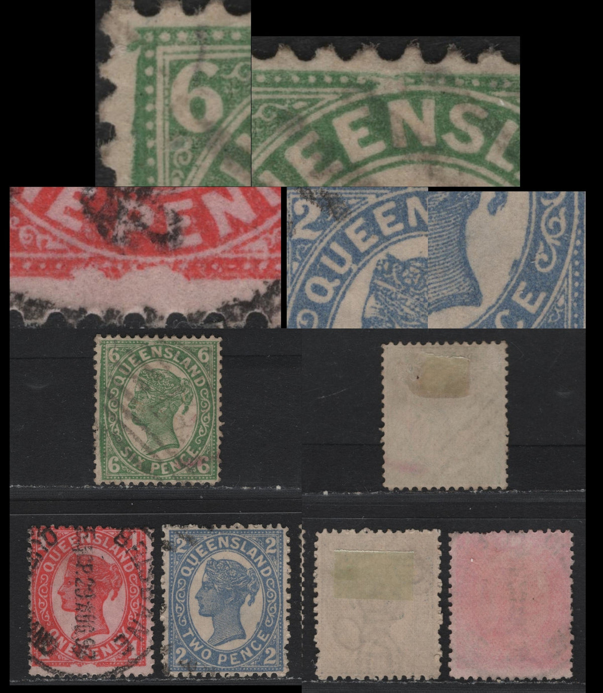 Lot 416 Australia - Queensland SG#233var, 234var, 249var 1d - 6d Vermillion - Green , 1897-1908 4th Sideface Issue,  Very Good/Fine/Very Fine Used Singles, Crown Over Q Wmk, Comb Perf 12.5-13, Showing Plate Damage Sports As Indicated In The Scans.
