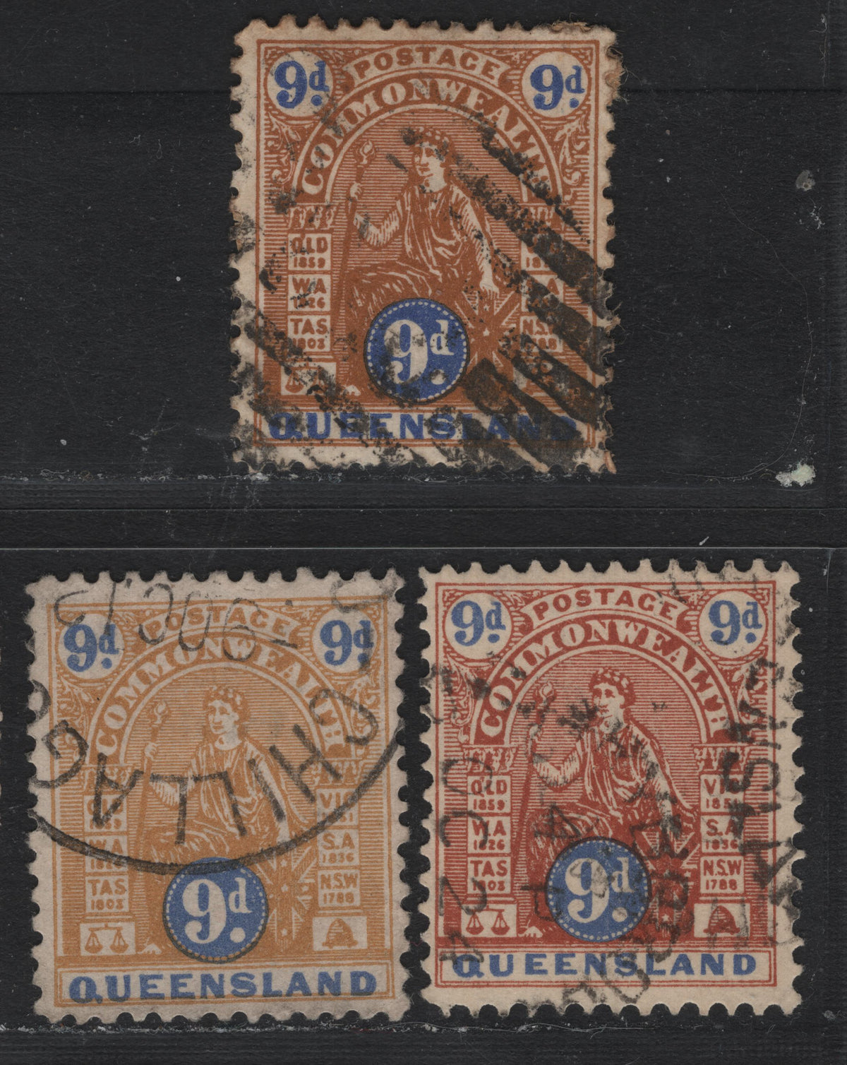 Lot 417 Australia - Queensland SG#265-266, 284 9d Brown & Ultramarine - Yellow Brown & Ultramarine , 1903-1910 Commonwealth Design Issue,  Fine/Very Fine Used Singles, Types A & B V Over Crown & Crown Over A Inverted Wmks