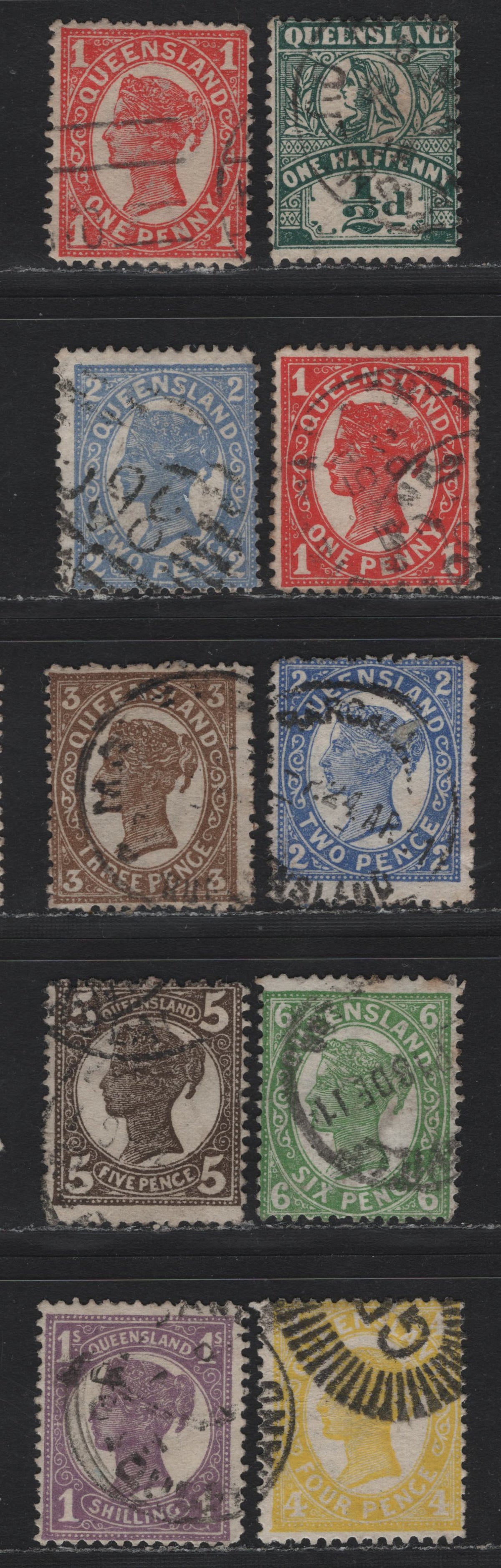 Lot 420 Australia - Queensland SG#287var, 288-290, 292var, 295avar, 293a, 296, 299 1/2d - 6d Deep Blue Green - Sepia , 1902-1911 4th Sideface Issue, 10 Fine Used Singles, 4d Die 2, Comb & Line Perf 12.5 and 13, The 1/2d, 3d & 5d Are Scarcer Line Perfs.