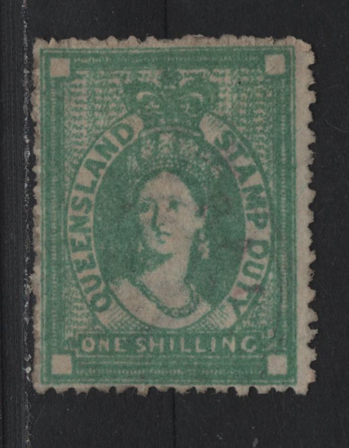 Lot 423 Australia - Queensland SG#F18 1/- Green , 1871-1872 Postal Fiscal Issue, A Fine Used Single, Crown Over Q Wmk, Very Light Fiscal Cancel, Perf 12.