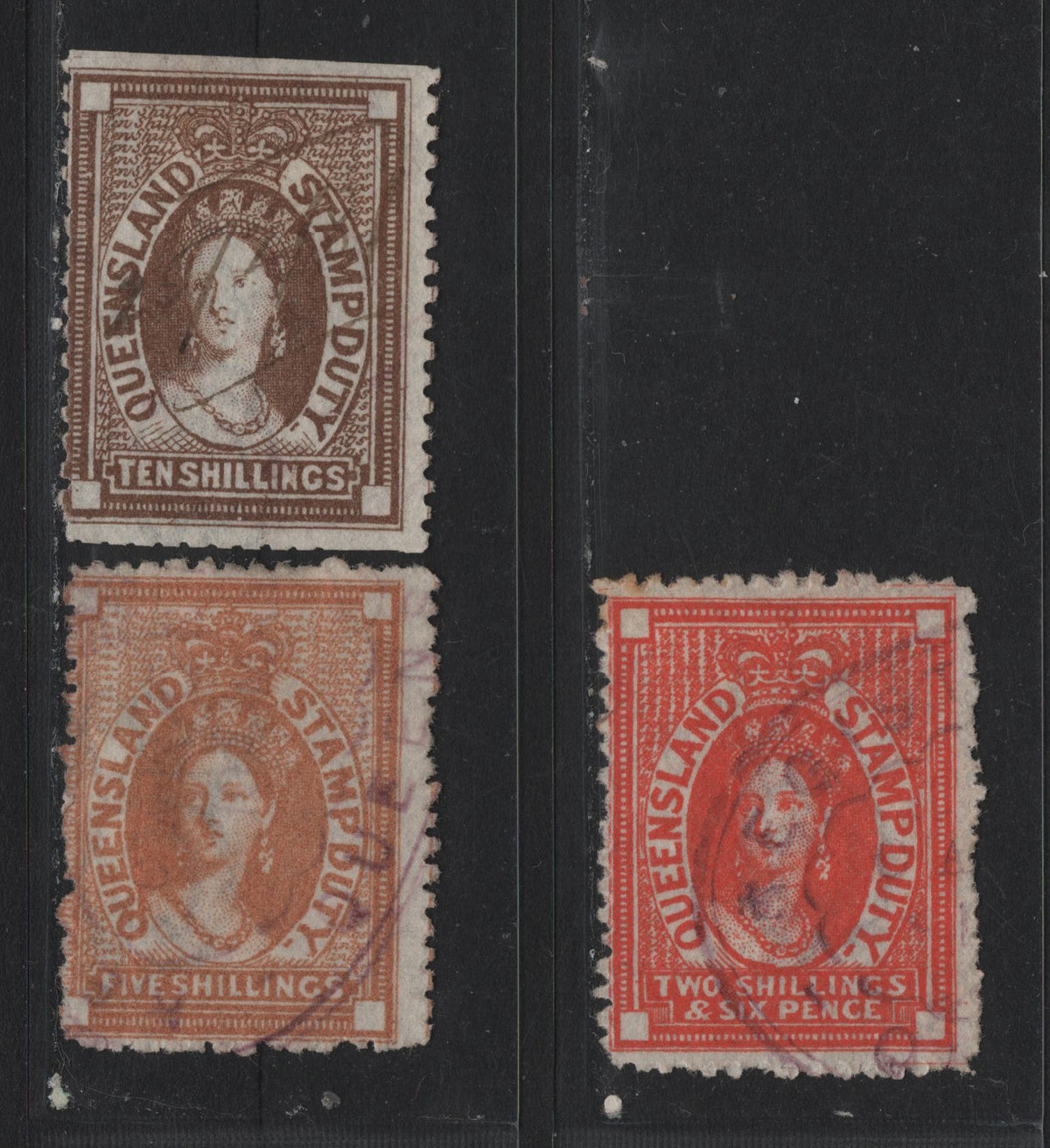 Lot 424 Australia - Queensland SG#F20-F22 2/6d - 10/- Vermillion - Brown , 1871-1872 Postal Fiscal Issue, 3 Fair/Very Good/Fine Used Singles, Perf 12, Crown Over Q Wmk, Typical Rough Perfs And All With Fiscal Cancels.