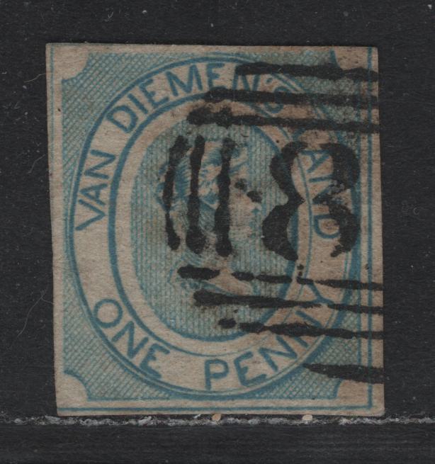 Lot 1 Australia - Tasmania SG#3 (SC# 1a) 1d Pale Blue , 1853 Courier Issue, A Very Good Used Single, Blurry Impression On Thin Hard White Paper, #8 Barred Numeral Cancel For Campbell Town, Full Margins At Right & Bottom, Clear To Touching On Left & Top.