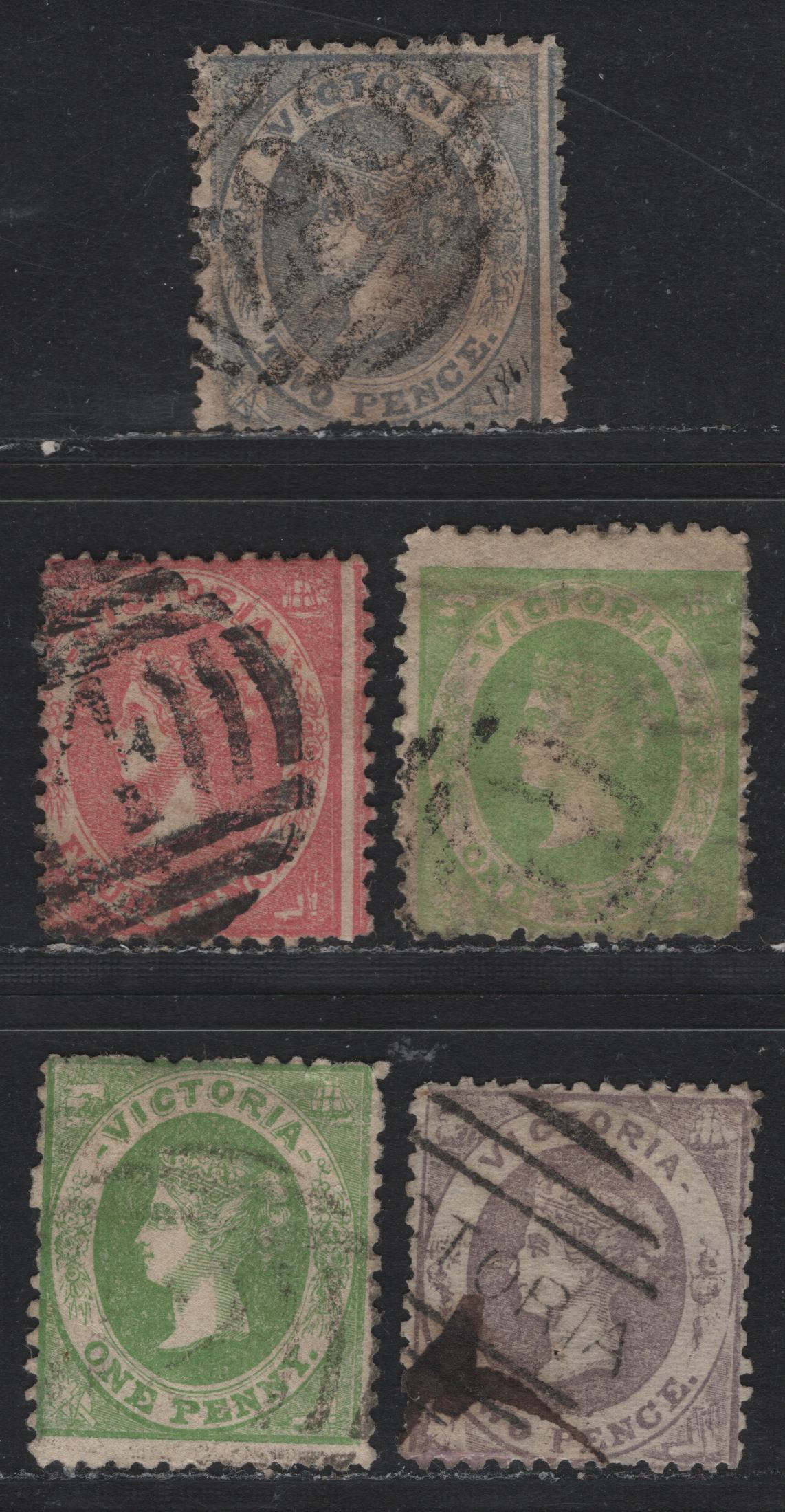 Lot 101 Australia - Victoria SG#76-77, 83, 98a, 100a (SC# 43a, 44a, 45, 51b, 52) 1d - 4d Yellow Green - Dull Rose , 1859-1863 Perforated Emblems Issue, 5 Good/Very Good/Fine Used Singles, Unwatermarked & Watermarked Denominations(1d, 2d), Perf 12