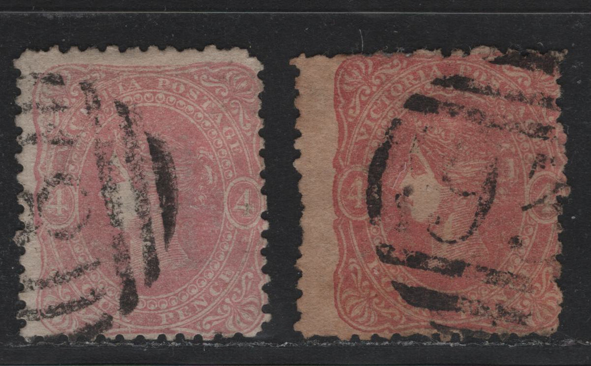 Lot 107 Australia - Victoria SC#65(SG#95,95a) 4d Rose Pink & Dull Pink, 1860-1866 Beaded Ovals Wmk Single Lined Numerals, 2 VG & F Used Singles Wmk Lined "4", Perf 12 With Partial # 18 Barred Numeral Cancel For Sandhurst/Bendigo And #93 Ararat
