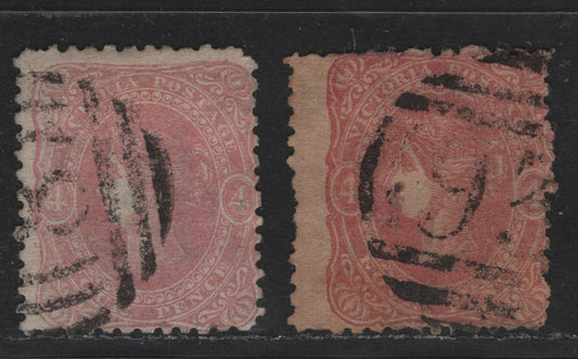 Lot 107 Australia - Victoria SC#65(SG#95,95a) 4d Rose Pink & Dull Pink, 1860-1866 Beaded Ovals Wmk Single Lined Numerals, 2 VG & F Used Singles Wmk Lined "4", Perf 12 With Partial # 18 Barred Numeral Cancel For Sandhurst/Bendigo And #93 Ararat