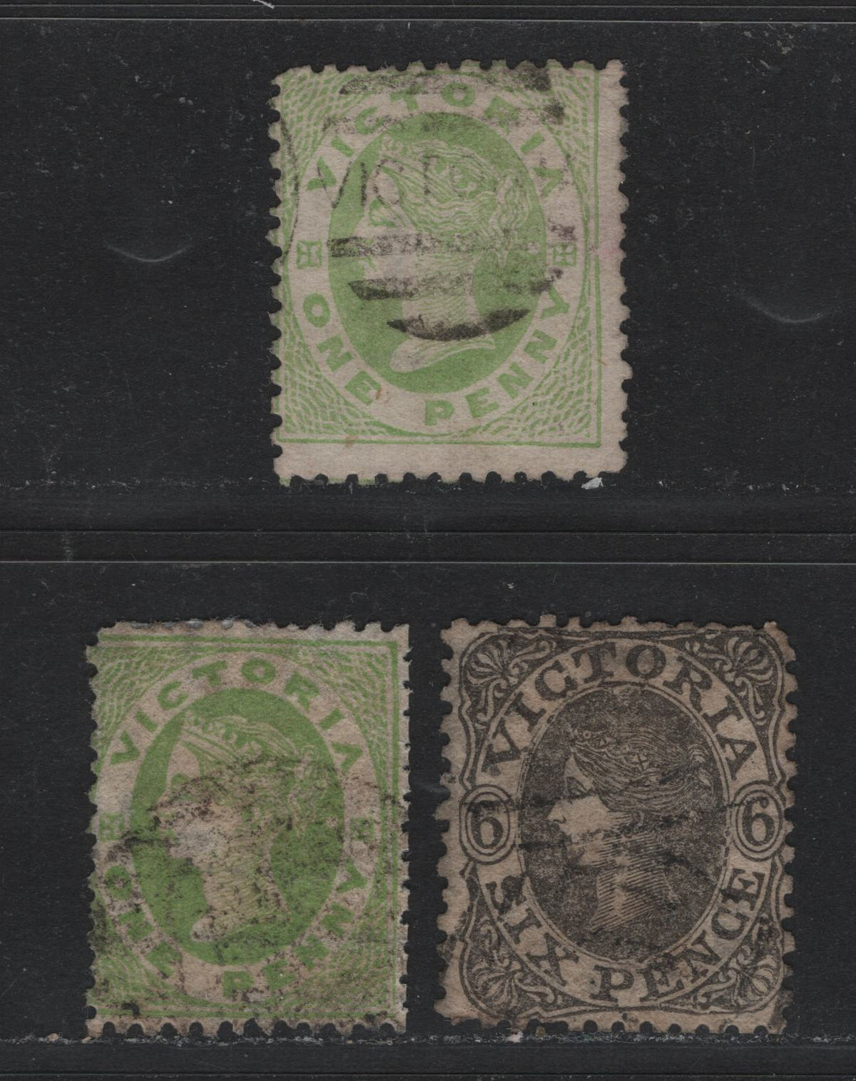 Lot 108 Australia - Victoria SC#67, 68a, 70a(SG#103,104a,106a) 1d Apple Green, 1d Yellow Green, 6d Grey Black, 1861-1863 Netted Corners & Scalloped Corners Issue, Wmk Single Lined 1 And Values In Letters, 3 VG & F Used Singles