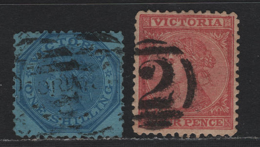 Lot 112 Australia - Victoria SC#76, 80(SG# 121var, 124a) 4d Rose Perf 12x12.5 & 1/- Pale Dull Blue On Blue Perf 12, 1863-1873 Laureates Issue, 2 F&VF Used Singles F And VF Centered Examples On T.H Saunders Paper, Wmk Single Lined Figures