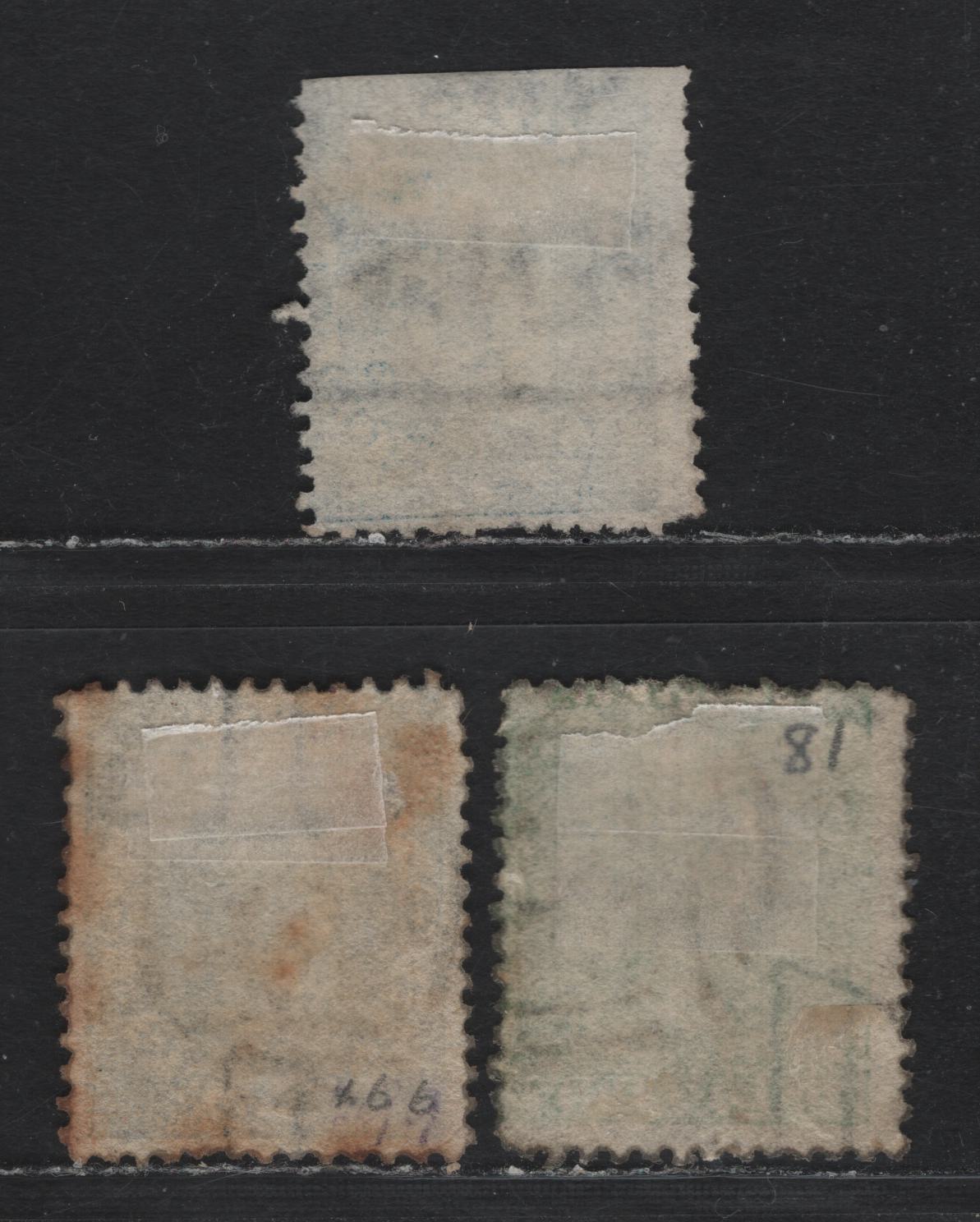 Lot 113 Australia - Victoria SC#81, 84(SG# 153,160,164) 1d Yellow Green, 6d Blue, 1867-1870 Queen Victoria Emergency Printings, 3 G-F Used Singles Wmk Double Lined 1 And "Six Pence". Perf 13x12, 12 1/2 And 12 1/2 #2 & #5 Barred Numeral Cancel