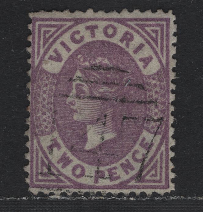 Lot 129 Australia - Victoria SC#137A(SG# 199a) 2d Lilac Mauve On Greenish Tinted Paper, A Very Fine Used Single Wmk V Over Crown (VI Pointy Crown) Perf 12 Comp 13 Mixed Perf, With Light But Clear #147 Barred Numeral Cancel For Taradale