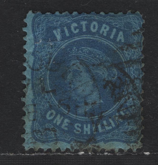 Lot 130 Australia - Victoria SC#138a(SG# 180avar) 1/- Bright Blue On Blue, 1878 Emergency Printings On Coloured Paper, A Fair Used Single Wmk V Over Crown Sideways With Crown Pointing To Right. Perf Unlisted 13 Comp 12 1/2