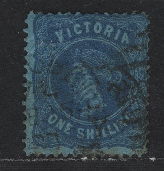 Lot 130 Australia - Victoria SC#138a(SG# 180avar) 1/- Bright Blue On Blue, 1878 Emergency Printings On Coloured Paper, A Fair Used Single Wmk V Over Crown Sideways With Crown Pointing To Right. Perf Unlisted 13 Comp 12 1/2
