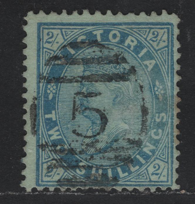 Lot 132 Australia - Victoria SC#138a(SG# 190ab) 2/- Bright Blue On Blue Grazed Paper, 1878 Emergency Printings On Coloured Paper, A Fine Used Single Wmk V Over Crown Sideways W/ Crown Pointing To Right. Line Perf 12 1/2. #5 SON Barred Numeral-Ballarat