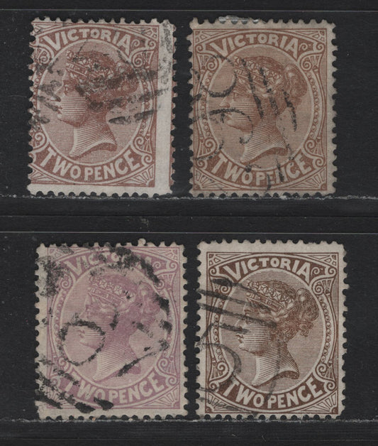 Lot 134 Australia - Victoria SC#142-143(SG# 202, 202a, 205), 1878 Emergency Printings On Coloured Paper, 3 VG&F Used Singles Wmk V Over Crown(VI), Perf 12 1/2 And Undiscovered 12 1/2 Comp 13x12 1/2 On The Yellowish Brown & Brown