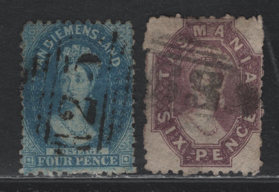 Lot 14 Australia - Tasmania SG#73, 136 (SC# 31, 32k) 4d - 6d Blue , 1865-1891 Chalon Heads Issues, 2 Very Good/Fine Used Singles, Perf 12 & #82 Barred Numeral Cancel (The 2 Being Reversed), Perf 11.5 With #25 Cancel