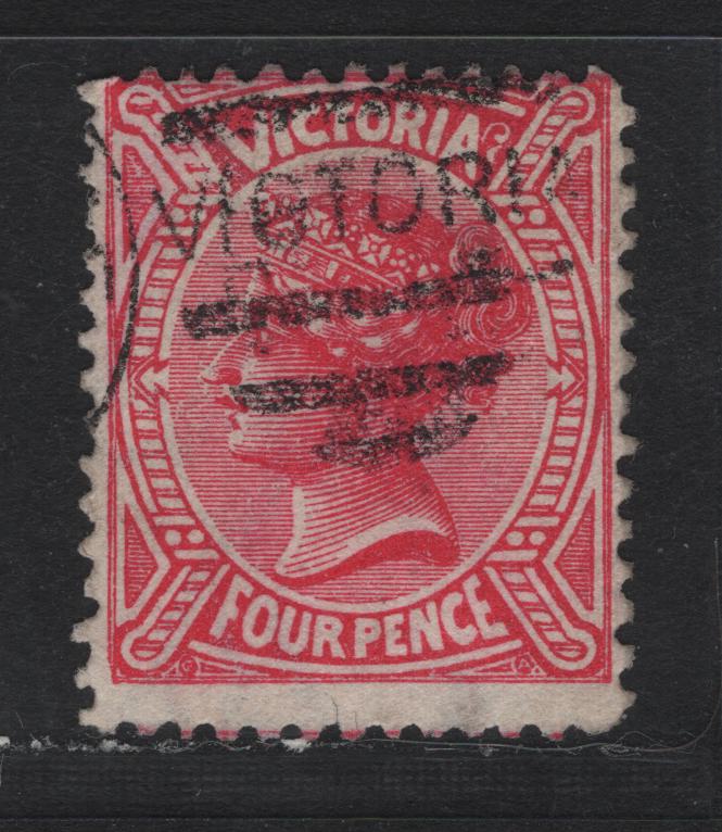 Lot 143 Australia - Victoria SG#213var (SC# 145) 4d Rose Red , 1882-1884 Naish & Laureate Design Issue, A Fine Used Single, V Over Crown V2 Inverted Wmk, Perf 12.5, Unlisted In Gibbons.