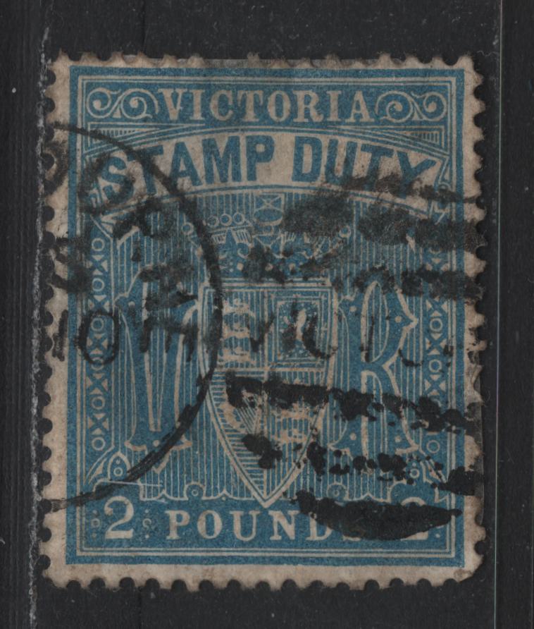 Lot 148 Australia - Victoria SG#263 (SC# AR51a) £2 Blue , 1884-1896 Postal Fiscal Issue, A Fair Used Single, V Over Crown V1 Sideways Wmk, Completely Hinge Reinforced On The Back To Effect Several Internal Repairs, Moderate Cancel.