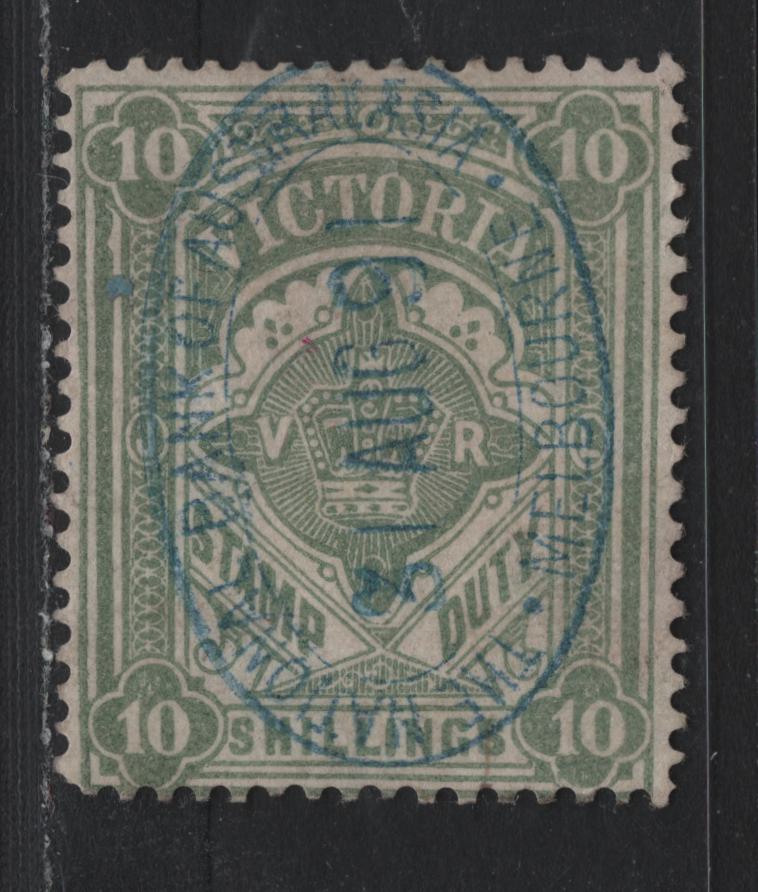 Lot 149 Australia - Victoria SG#272a (SC# AR46) 10/- Gray Green , 1884-1896 Postal Fiscal Issue, A Fine Used Single, V Over Crown V1 Sideways Wmk, Perf 12.5, SON August 31 1891 National Bank Of Australasia Melbourne.