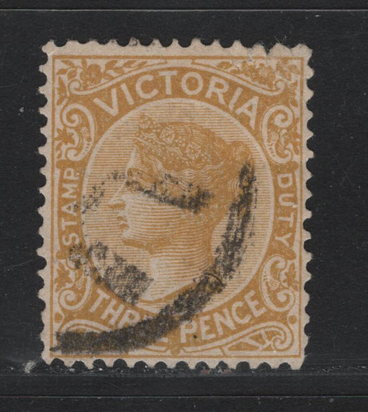 Lot 154 Australia - Victoria SG#299a (SC# 149a) 3d Pale Ochre , 1885-1895 Naish Design Stamp Duty Issue, A Very Good Used Single, V Over Crown V2 Inverted Wmk, Perf 12.5, Couple of Small Tears At Upper Right.
