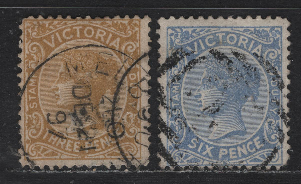 Lot 156 Australia - Victoria SG#299a, 301bvar (SC# 149a, 151a) 3d - 6d Ochre - Cobalt , 1885-1895 Naish Design Stamp Duty Issue, A Very Good/Fine Used Single, Unlisted 12.5comp-12x12.5 & 12.5comp12x12.5 Perfs