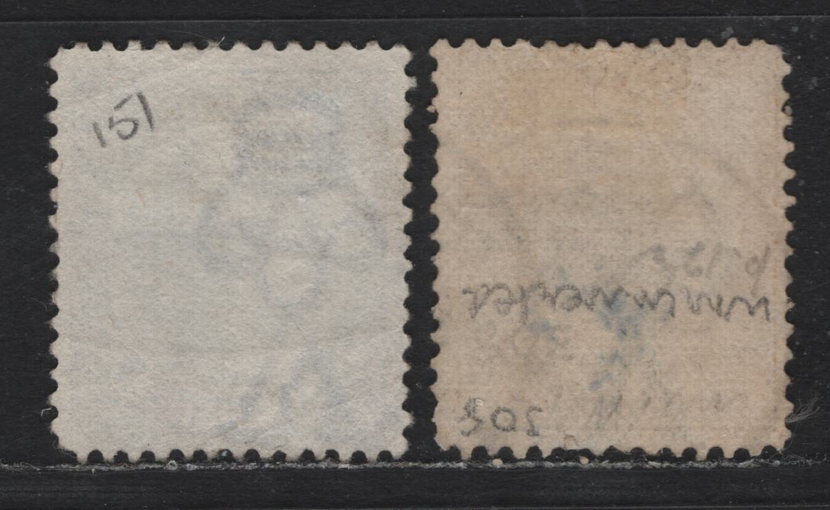 Lot 156 Australia - Victoria SG#299a, 301bvar (SC# 149a, 151a) 3d - 6d Ochre - Cobalt , 1885-1895 Naish Design Stamp Duty Issue, A Very Good/Fine Used Single, Unlisted 12.5comp-12x12.5 & 12.5comp12x12.5 Perfs