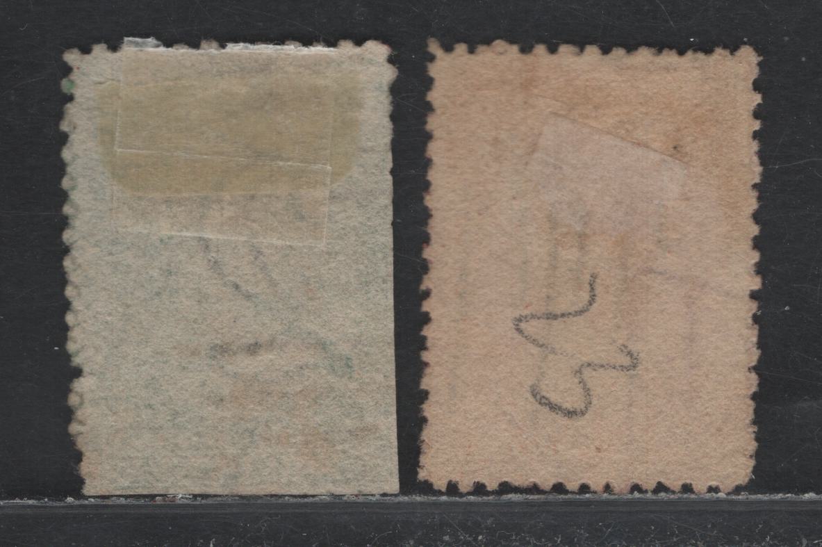 Lot 16 Australia - Tasmania SG#71, 80 (SC# 29h, 30) 1d - 2d Brick Red - Yellow Green , 1865-1871 Chalon Heads Issue, 2 Fair/Fine Used Singles, Perf 12.5 & 12, Manuscript Cancel & Light Tasmania Barred Cancels