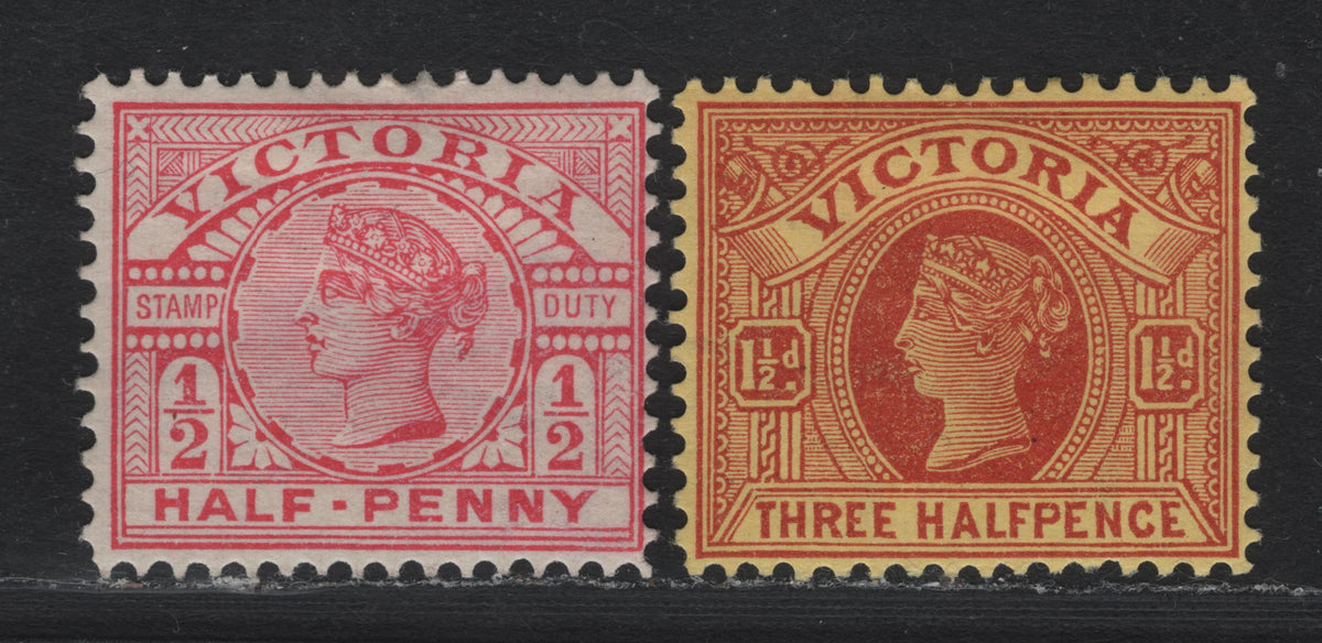 Lot 162 Australia - Victoria SG#311a, 355 (SC# 160, 182) 1/2d - 1.5d Aniline Rosine - Brown Red On Yellow , 1886-1899 Reading Stamp Duty Design Issue, 2 F/VFOG Singles, Perf 12.5x12, Perf 12.5comp12x12.5, V Over Rounded Crown Sideways Wmk