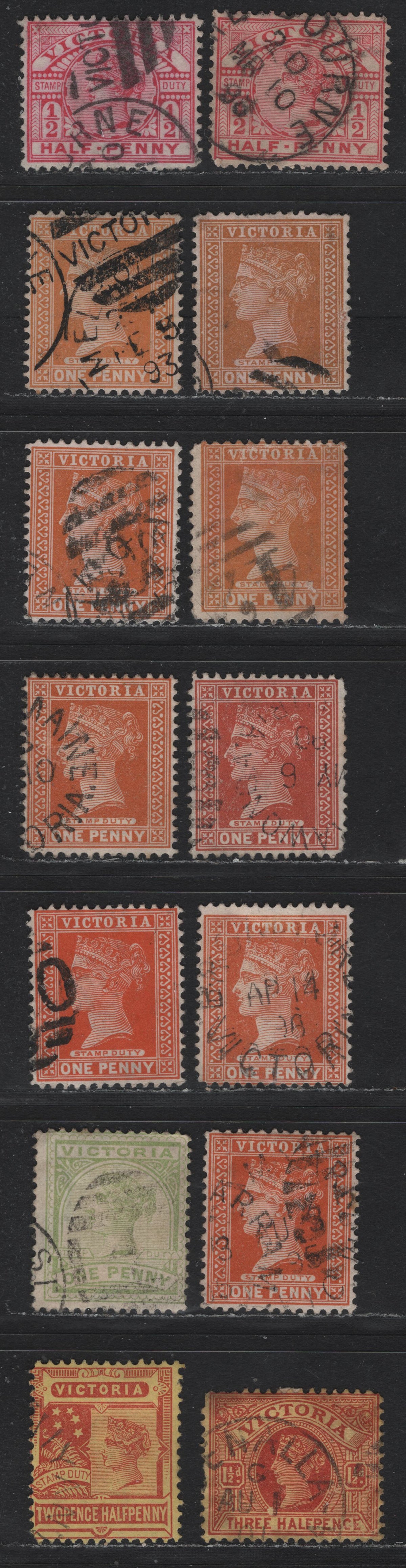 Lot 164 Australia - Victoria SG#311-b, 312a, 313-d,f, 315b, 355, 329 (SC# 160, 161, 169, 172, 182) 1/2d - 2.5d Pink - Red on Yellow , 1886-1896 Reading Design Stamp Duty Issue, 14 Fine/Very Fine Used Singles, V over Crown Rounded Wmk, V2 Paper