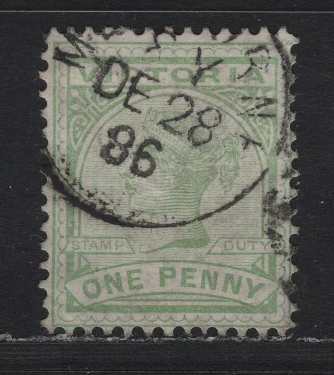 Lot 165 Australia - Victoria SG#312 (SC# 161) 1d Green , 1886-1896 Reading Design Stamp Duty Issue, A Very Fine Used Single, Early December 28 1886 Melbourne CDS Cancel, SON CDS Cancels are Uncommon On this Value, Rounded V2 Design.
