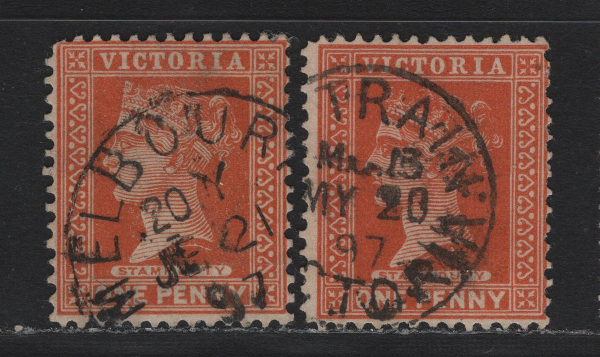 Lot 168 Australia - Victoria SG#313b (SC# 169) 1d Orange Brown , 1886-1896 Reading Design Stamp Duty Issue, 2 Fine Used Singles, SON June 21 1897 Melbourne CDS & Partial May 28 1897 Uptrain Railway Cancel