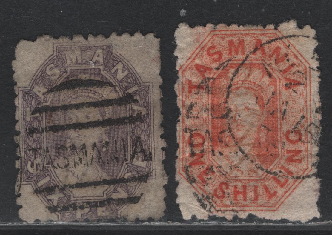 Lot 17 Australia - Tasmania SG#137, 141 (SC# 32m, 34d) 6d - 1/- Deep Slate Lilac - Orange Red , 1871-1891 Chalon Heads Issue, 2 Very Good used Singles, Perf 11.5, Minor Wrinking On the 1/-, Typical Perfs
