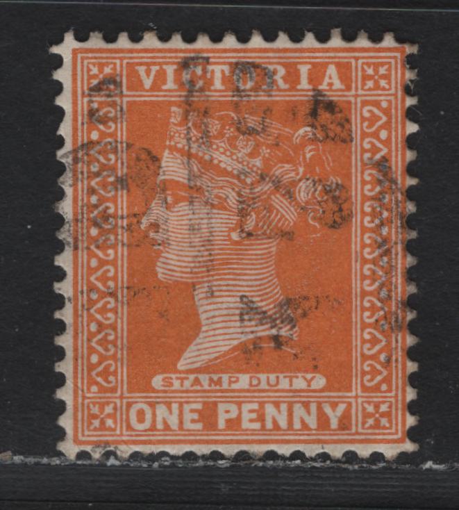 Lot 171 Australia - Victoria SG#313e (SC# 169) 1d Bright Yellow Orange , 1886-1896 Reading Design Stamp Duty Issue, A Very Good Used Single, Scarcest Shade Of This Value, Relatively Light Barred Numeral Cancel, Light Corner Bend At LR.