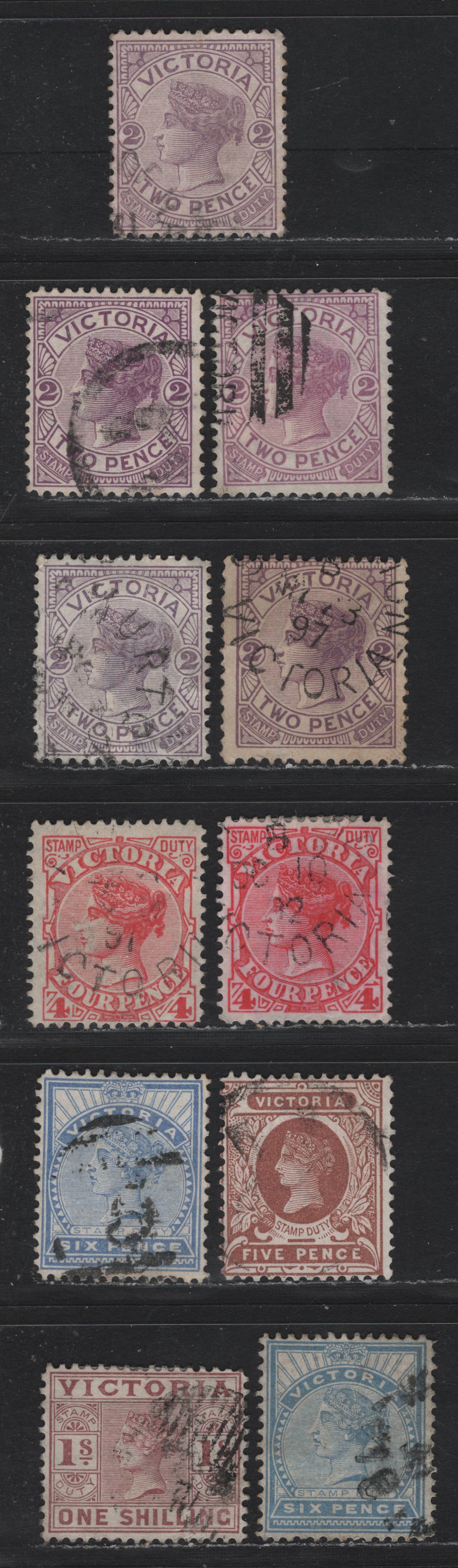 Lot 181 Australia - Victoria SG#314-a, 316-a, 317a, 318,b, 322 9SC# 162-a, 163, 164, 166, 173) 2d - 1/- Pale Lilac - Dull Purple Brown , 1886-1896 Reading Design Stamp Duty Issue, 11 Fine/Very Fine Used Singles, V2 Rounded, All Listed Shades Of 2d & 4d