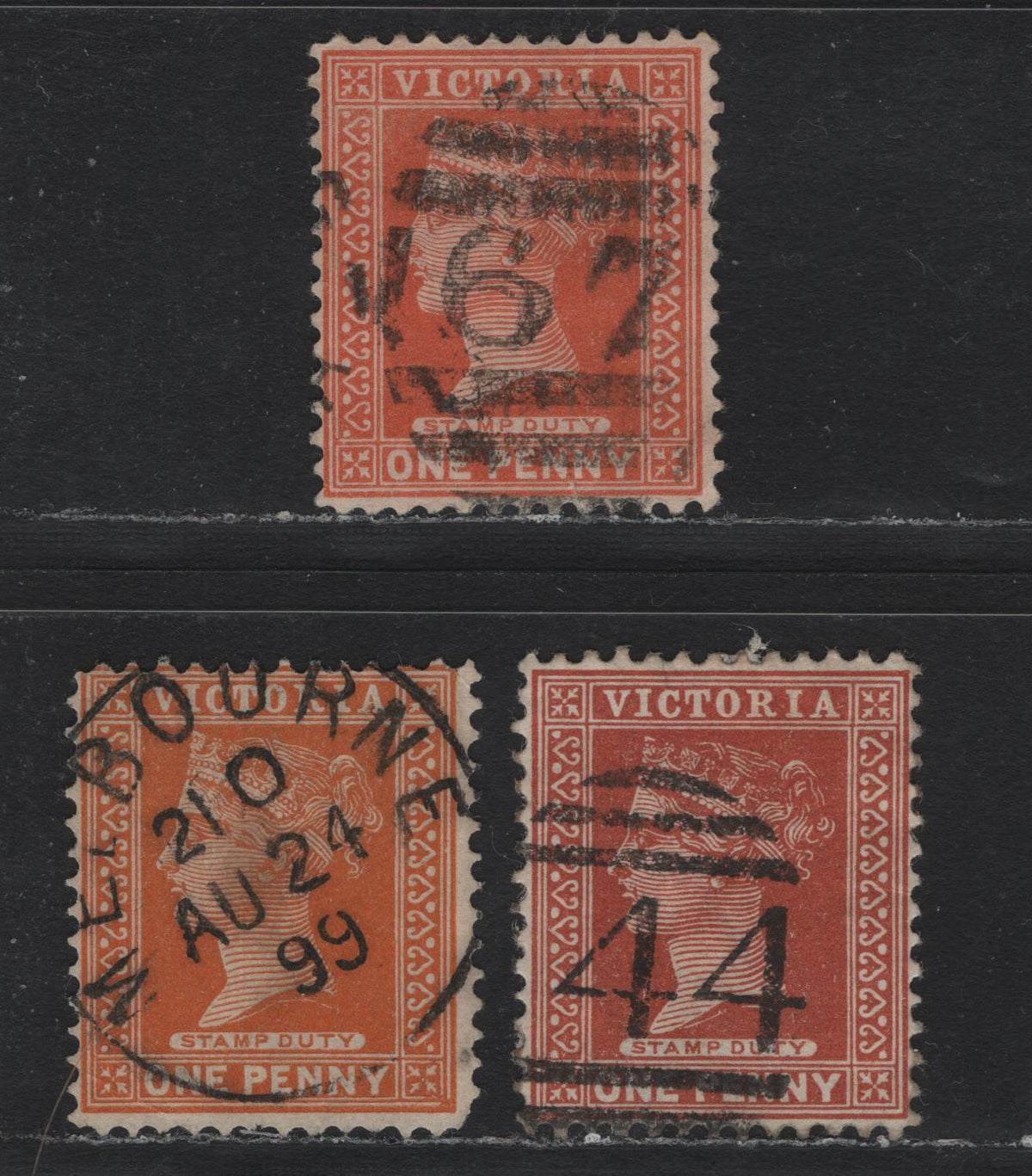 Lot 186 Australia - Victoria SG#332-a (SC# 169) 1d Brown Red - Brownish Orange , 1896-1899 Reading Design Stamp Duty Issue, 3 Fine/Very Fine Used Singles, V Over Crown (V3) Wmk, SON #44 & #67 Barred Numeral Cancels , SON Aug 241899 Melbourne CDS.