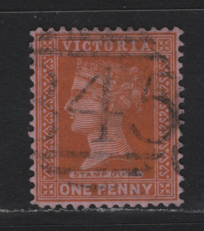 Lot 187 Australia - Victoria SG#329 (SC# 171) 1d Orange Brown , 1896-1899 Reading Design Stamp Duty Issue, A Very Fine Used Single, V Over Crown (V1 - Pointy Crown) With 845 Numeral Cancel For Crossover