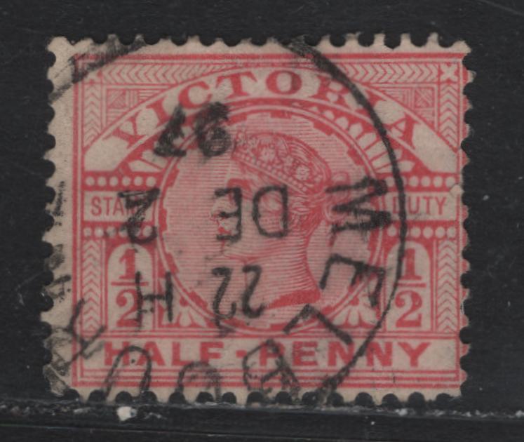 Lot 188 Australia - Victoria SG#330c (SC# 160var) 1/2d Rose , 1896-1899 Reading Design Stamp Duty Issue, A Fine Used Single, V Over Crown Upright Instead of Sideways (V3 - Narrow Crown)