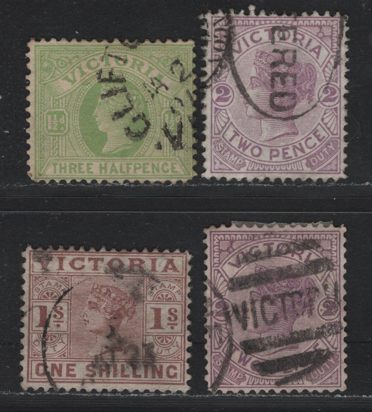 Lot 189 Australia - Victoria SG#333-334, 341 (SC# 162, 166, 179) 1.5d - 1/- Apple Green - Chocolate Brown , 1896-1899 Reading Design Stamp Duty Issue, 4 Fine/Very Fine Used Singles, V Over Crown (V3 - Narrow Crown)