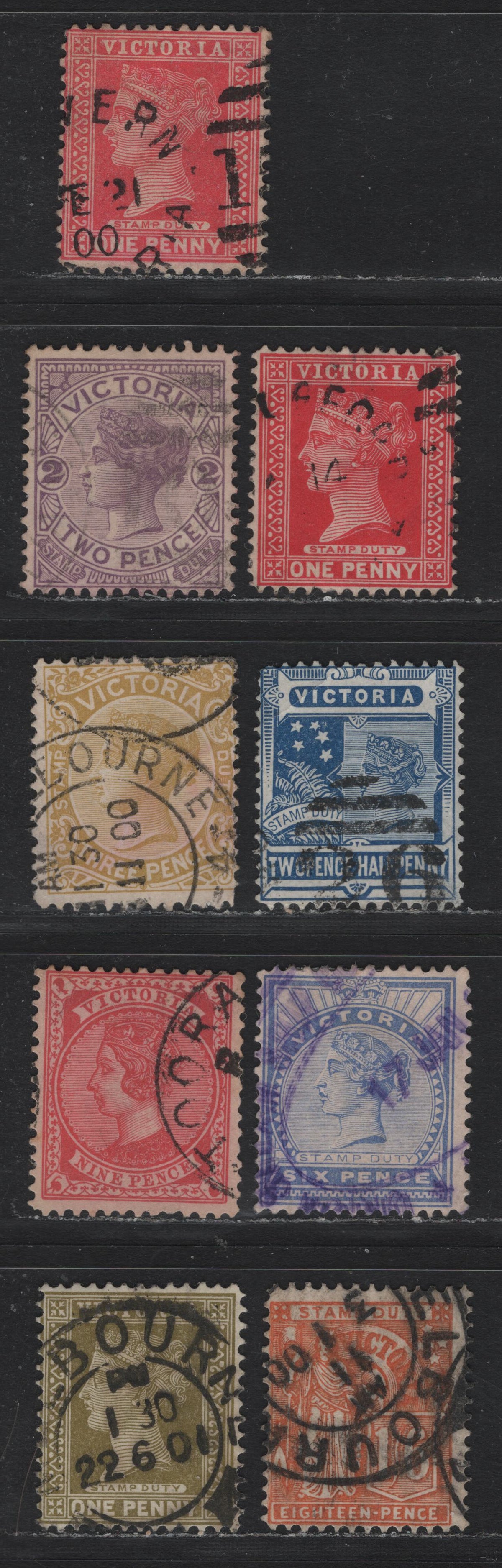 Lot 192 Australia - Victoria SG#357-a, 358-361, 365-366, 368 (SC# 149, 162, 165, 168, 175a, 181, 183, 192) 1d - 1/6d Rose Red - Orange , 1899-1901 Reading Design Stamp Duty Issue, 9 Very Good/Fine Used Singles, V Over Crown With Wide top (V4)