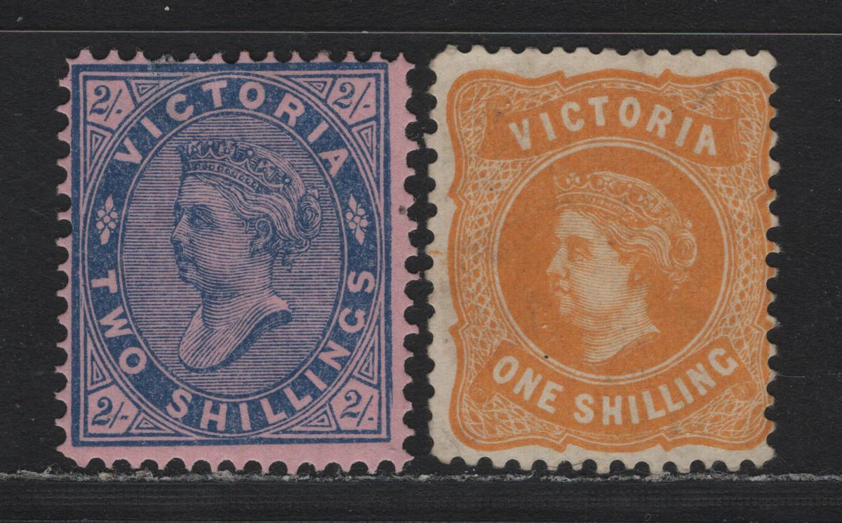 Lot 193 Australia - Victoria SG#381-382 (SC# 189-190) 1/- - 2/- Yellow - Blue , 1899-1901 Reading Design Stamp Duty Issue, 2 GOG & Fine Unused Singles, V over Wide Topped Crown Wmk (V4), No Gum On 1/- & Deep Thin Near Top Of 2/-